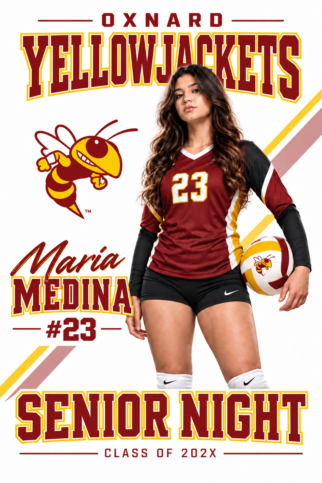 Oxnard High School Volleyball Senior Night Poster – White White Oxnard Yellowjackets Senior Night poster featuring volleyball player Maria Medina, number 23, with a volleyball.