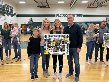 Mockup of a Pacifica softball senior and family holding a green and white Tritons photo collage board.