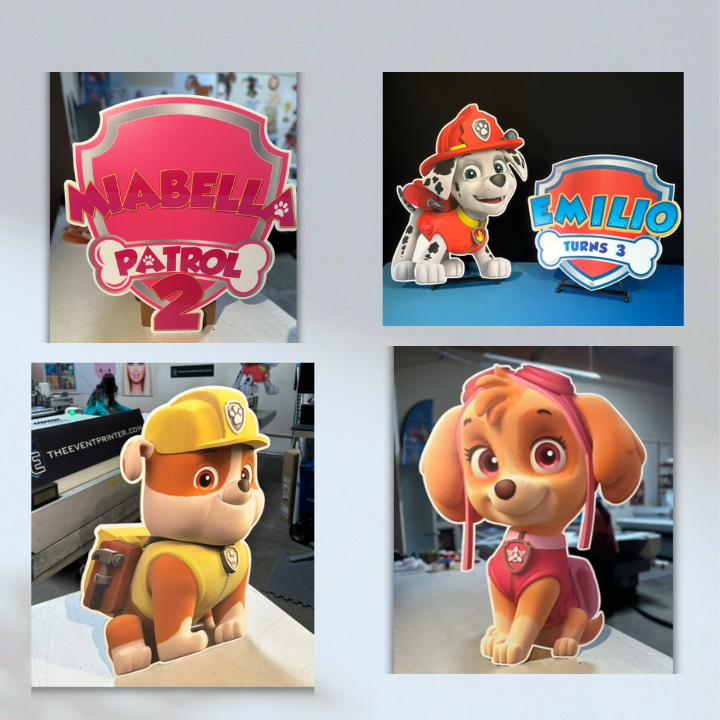 PAW Patrol birthday cutouts featuring Marshall, Rubble and Skye alongside personalized pink and blue birthday signs.