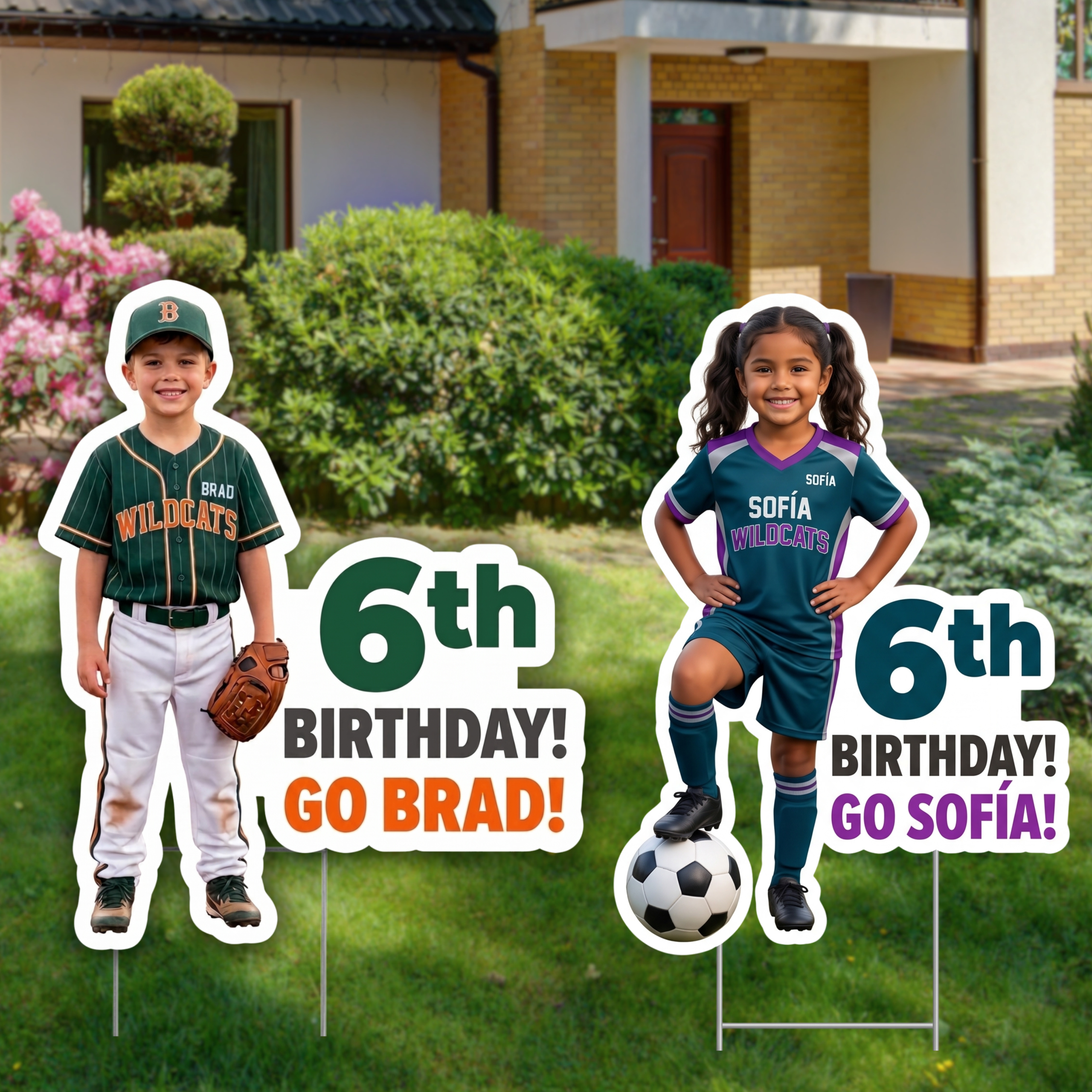 Personalized sixth birthday yard signs with baseball and soccer player photo cutouts on stakes in a front lawn