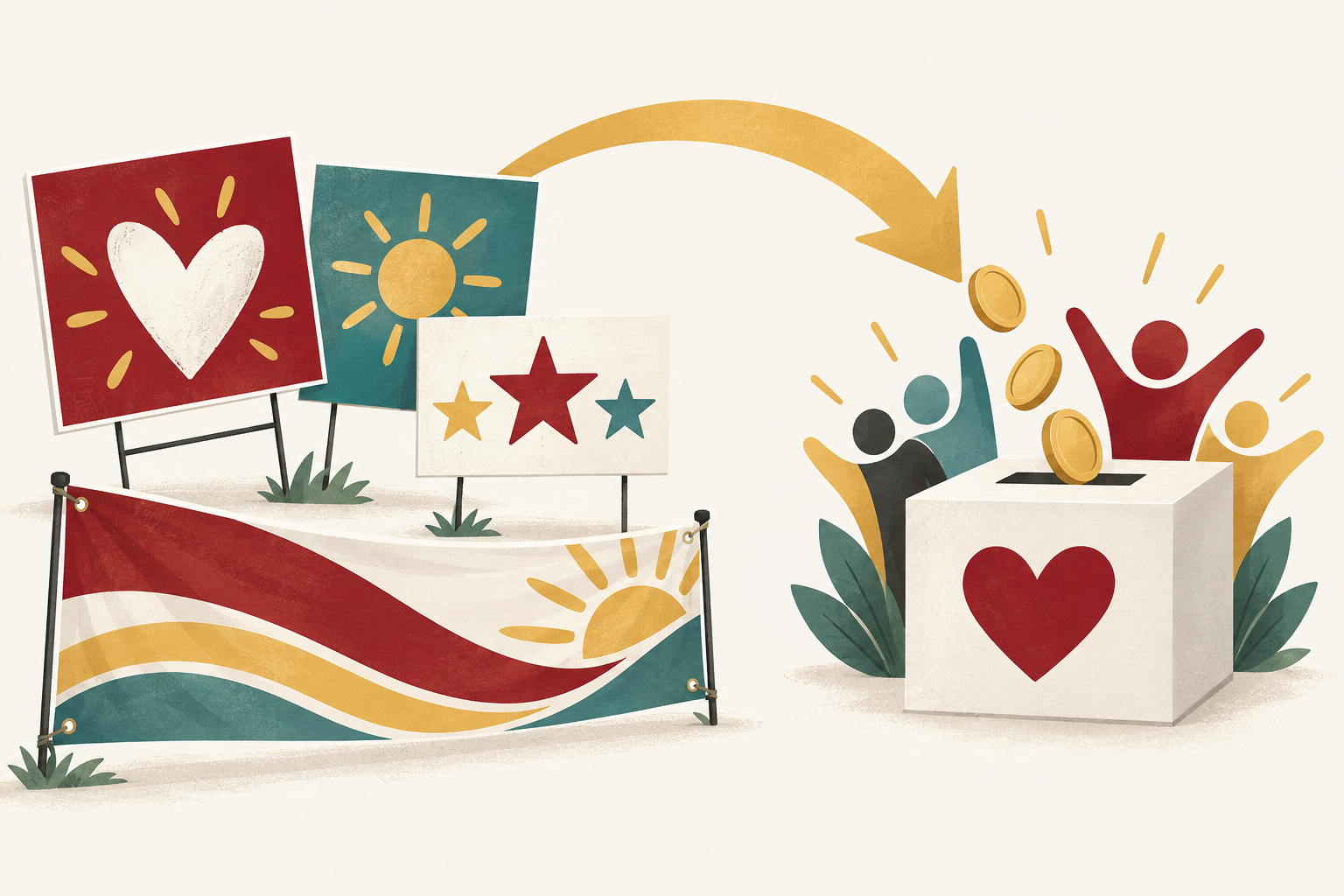 Printed signs and banners become support for the community, shown as coins entering a heart-marked collection box.