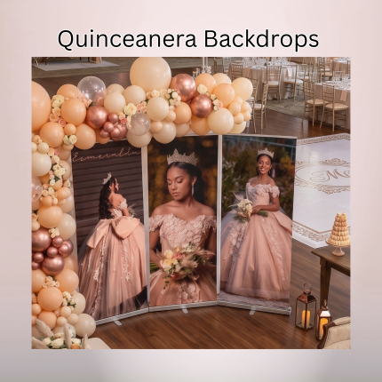 3-piece Quinceañera retractable banner set with coordinated full-length and close-up portraits printed in Oxnard