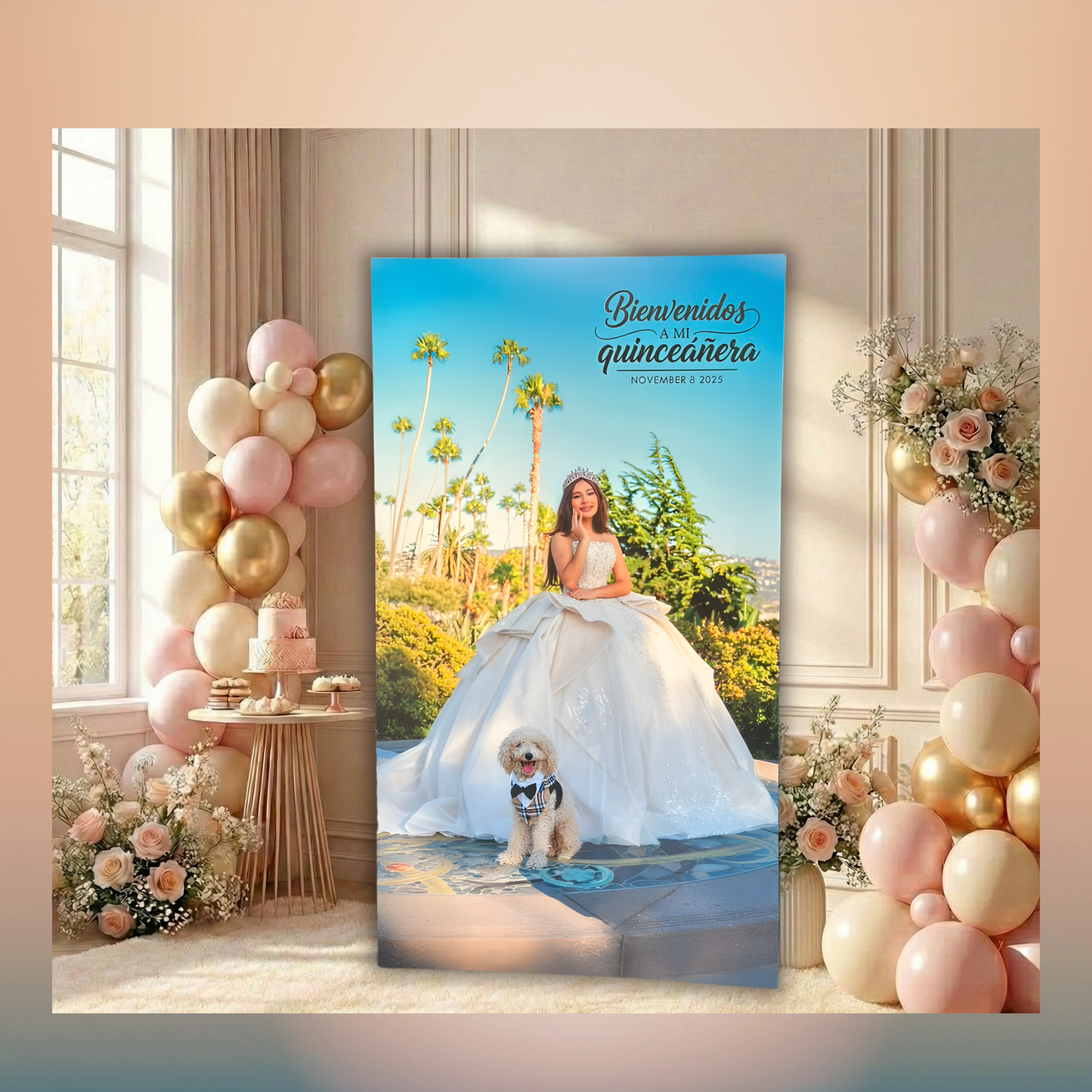 quinceanera welcome sign Oxnard (2) Custom Quinceañera portrait backdrop featuring celebrant in white gown with her dog