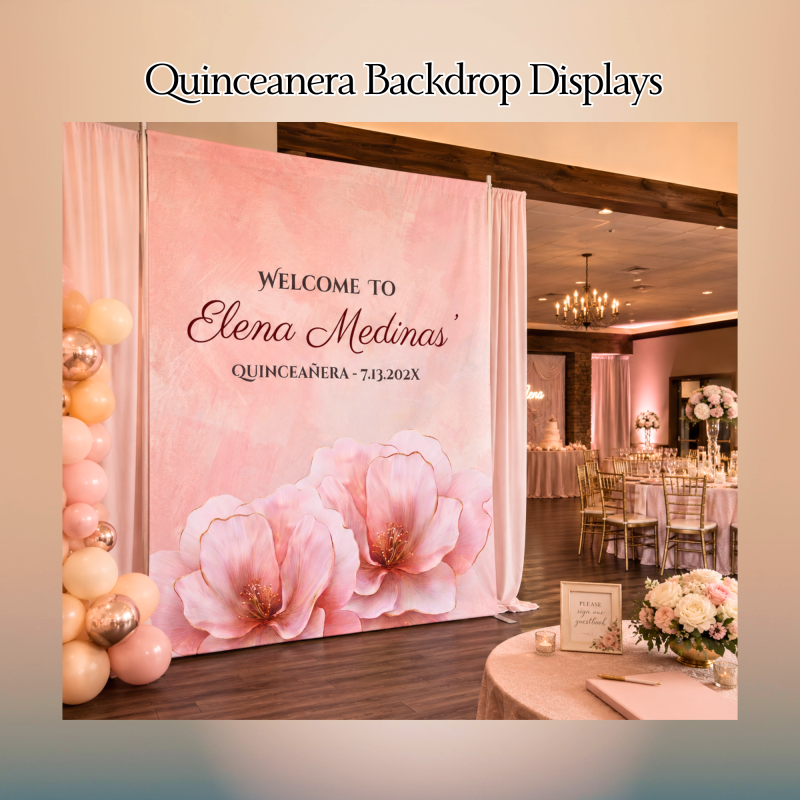 Custom pink floral Quinceañera backdrop display at a reception venue in Oxnard