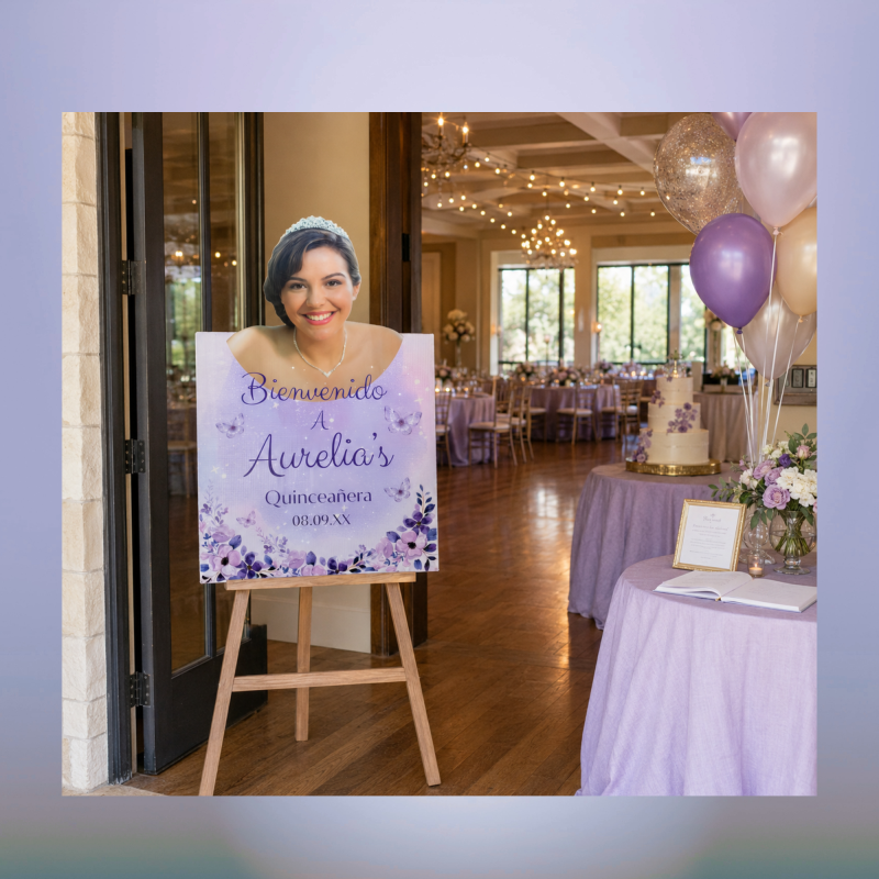 Purple floral Quinceañera welcome sign with personalized portrait cutout in Oxnard