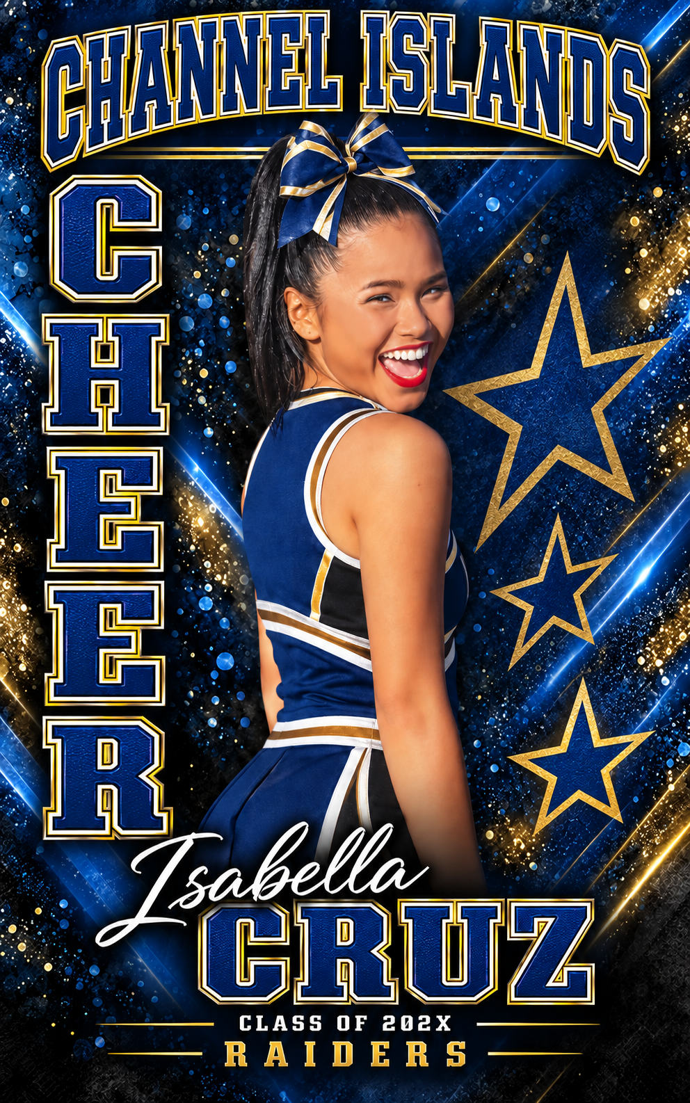 Channel Islands blue and gold personalized cheer Senior Night banner mockup
