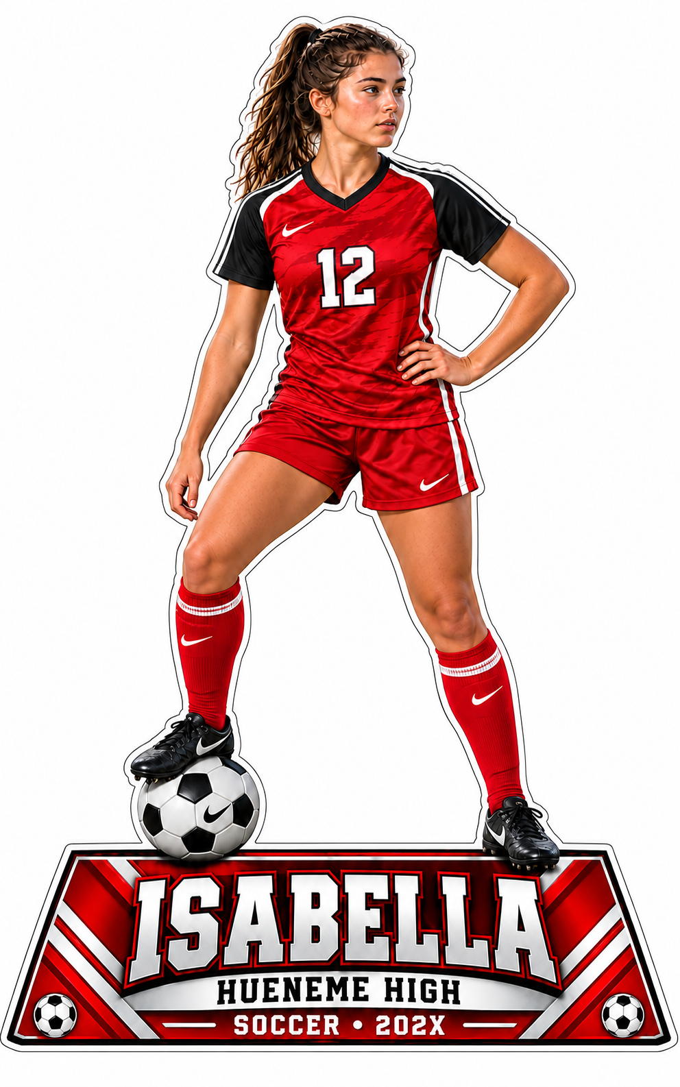Hueneme High red and white soccer Senior Night life-size standee mockup