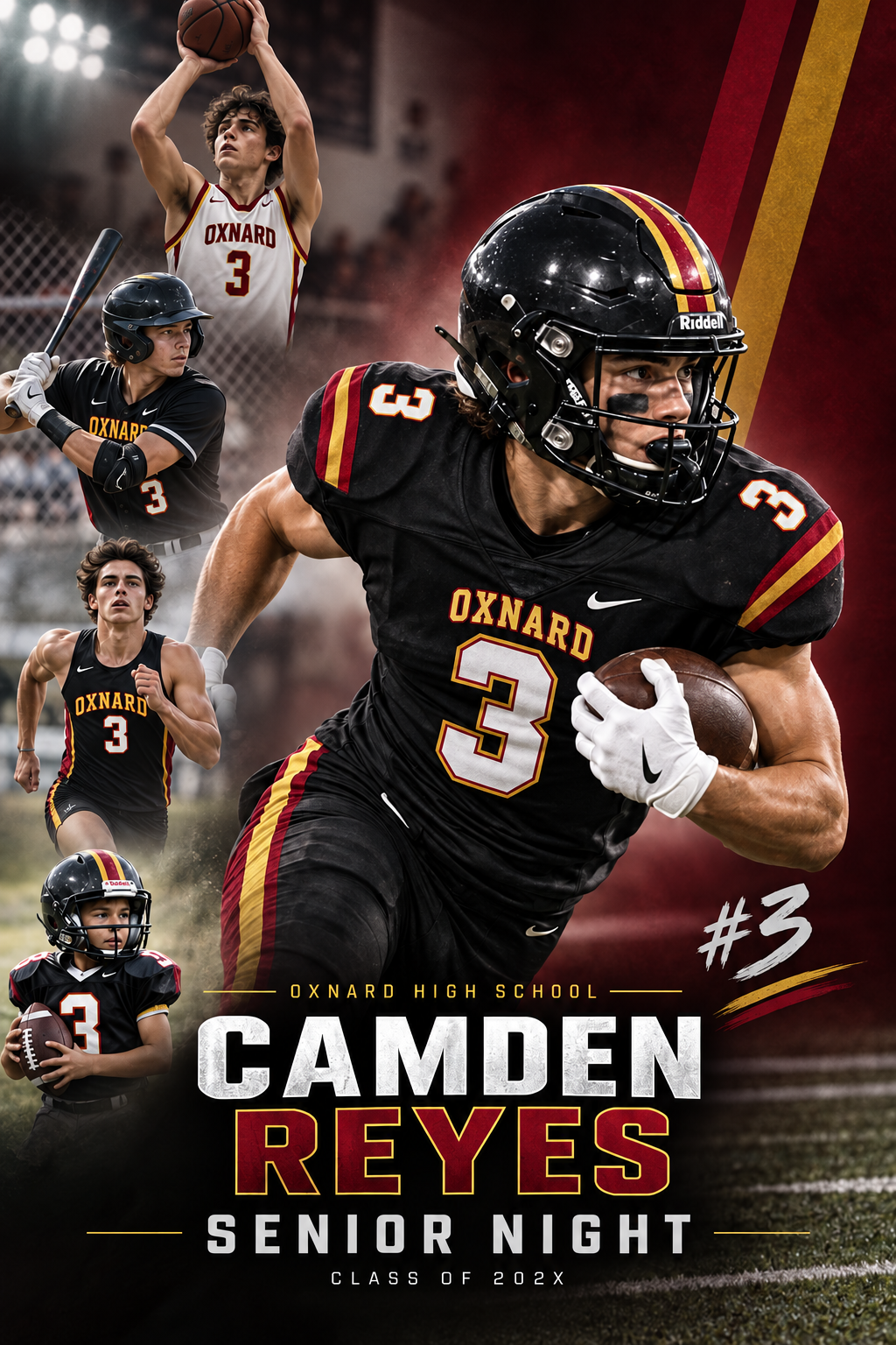 Custom Senior Night photo board in Oxnard High cardinal and gold colors