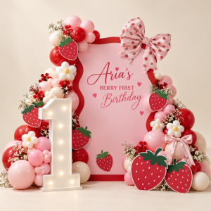 Aria's Berry First Birthday pink backdrop with strawberry cutouts, red and pink balloons, bows and illuminated number one.