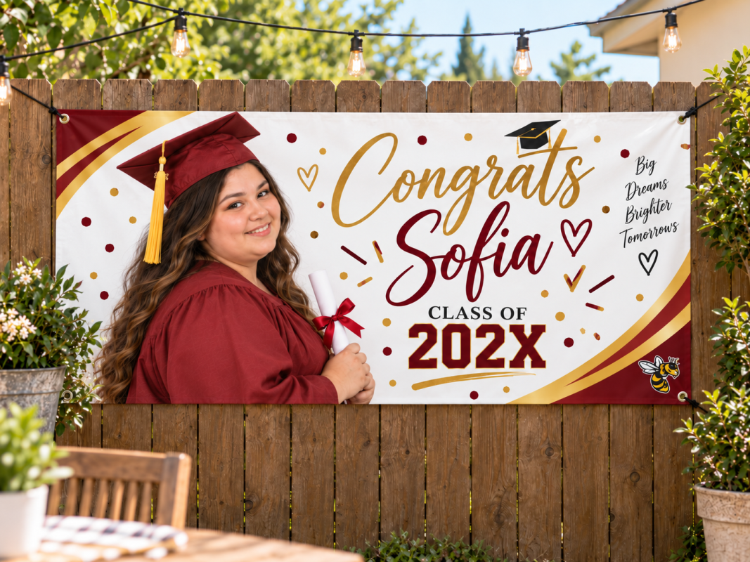 Horizontal graduation banner with Sofia’s portrait, red and gold accents, and Class of 202X, hanging on a backyard fence.