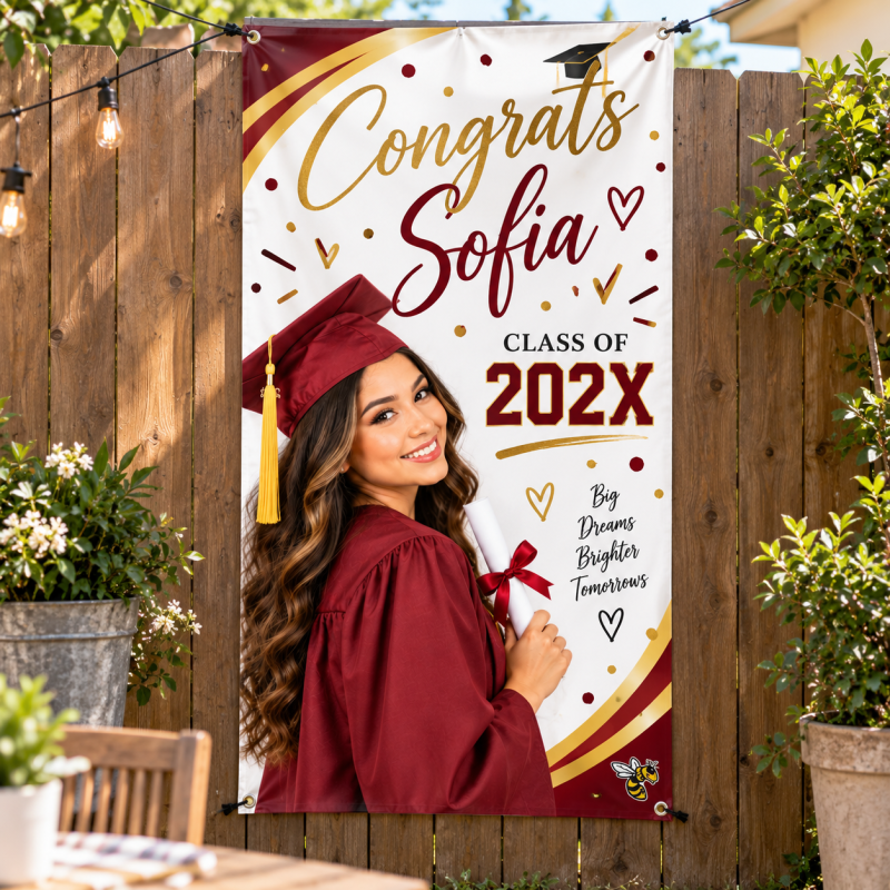 Custom graduation vinyl banner celebrating Sofia with graduate photo and crimson gold decorations in a backyard