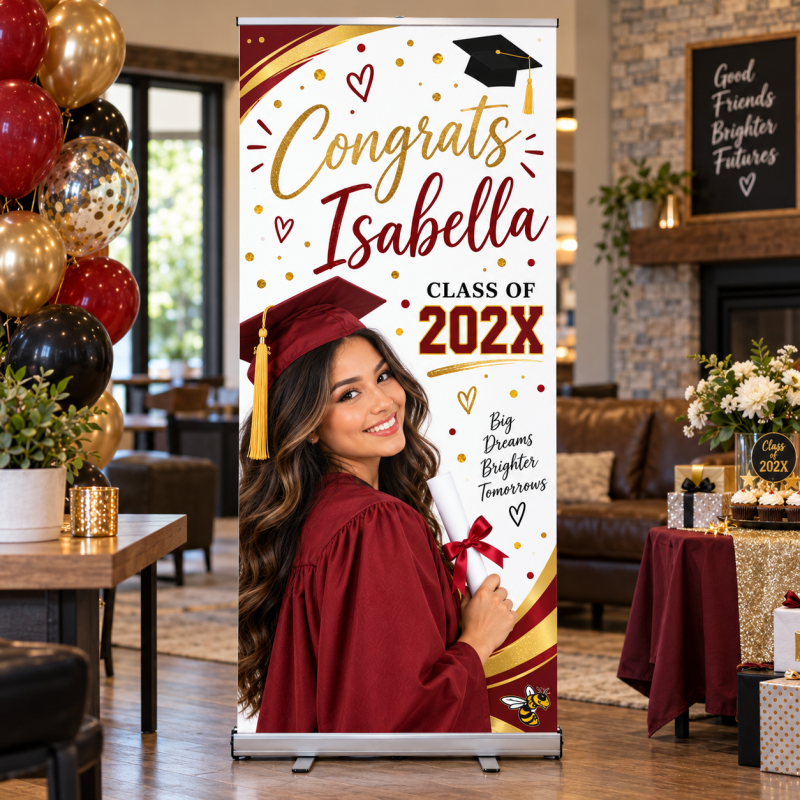 Personalized graduation retractable banner featuring Isabella in a crimson graduation gown at a home party