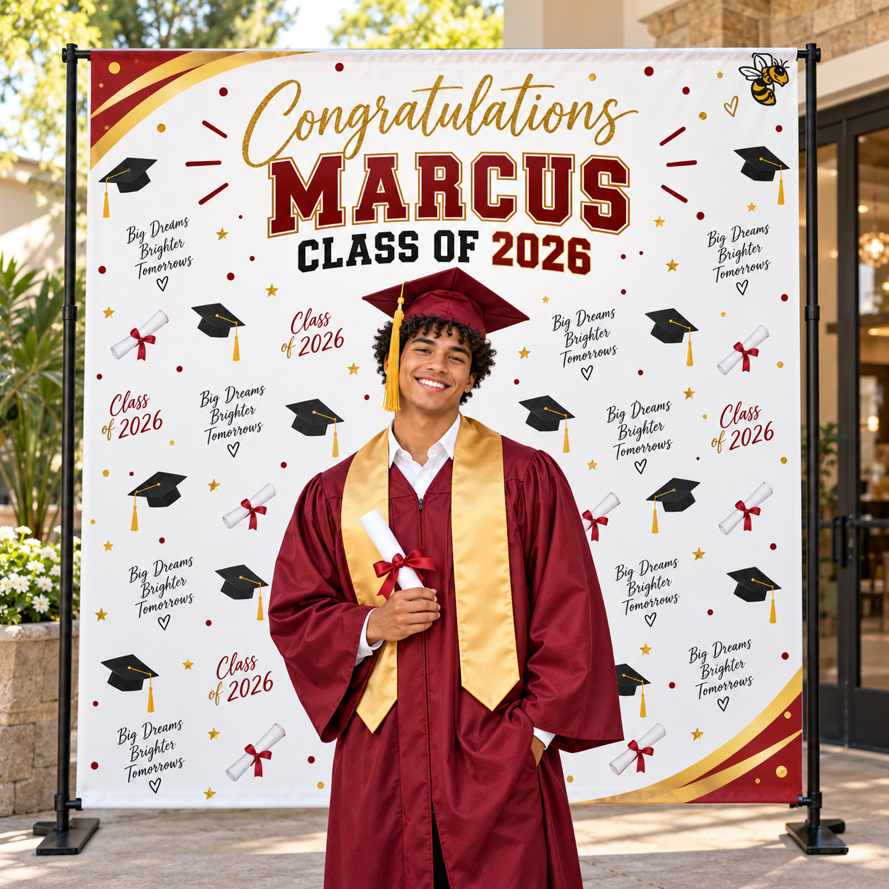 Graduation Step and Repeat Backdrop – Oxnard High School 10x8 graduation step and repeat backdrop with frame featuring Marcus and crimson gold graduation decorations