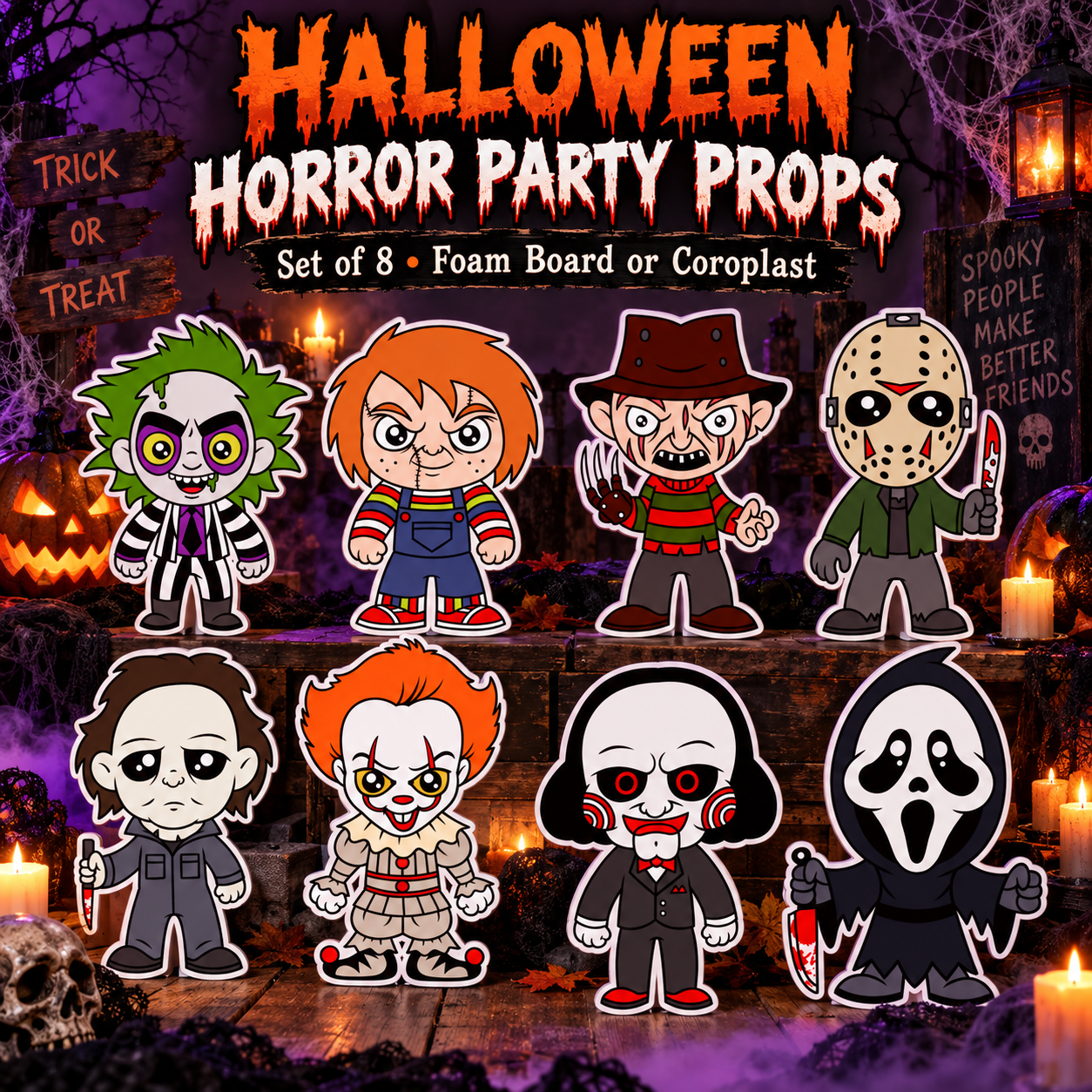 Halloween Horror Character Cutouts — 8-Piece Spooky Crew Eight cartoon-style Halloween horror character cutouts with white borders arranged in two rows, including masked figures, witches’-free horror villains, a clown, and a puppet.