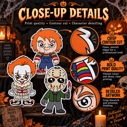 Eight cartoon-style Halloween horror character cutouts with white borders arranged in two rows, including masked figures, witches’-free horror villains, a clown, and a puppet.