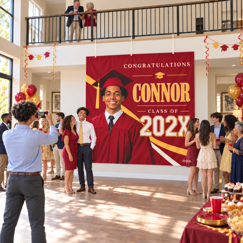 Red and gold personalized graduation banner featuring Connor’s portrait and Class of 202X, displayed at an indoor family party.