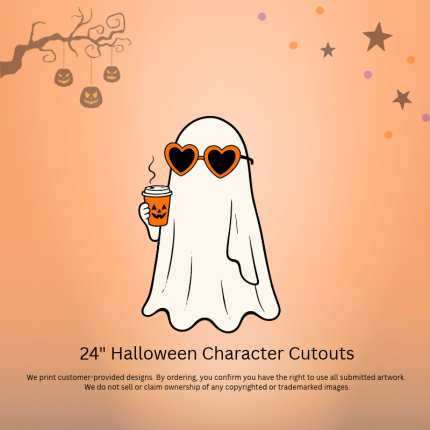 24 inch Halloween ghost character cutout with orange heart sunglasses and pumpkin coffee cup.