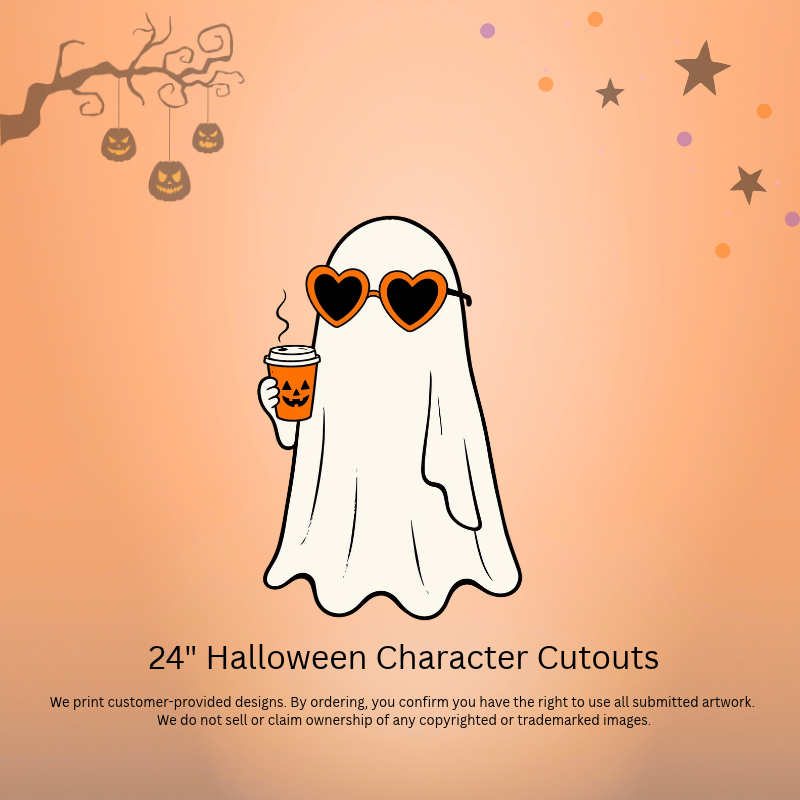24 inch Halloween ghost character cutout with orange heart sunglasses and pumpkin coffee cup.