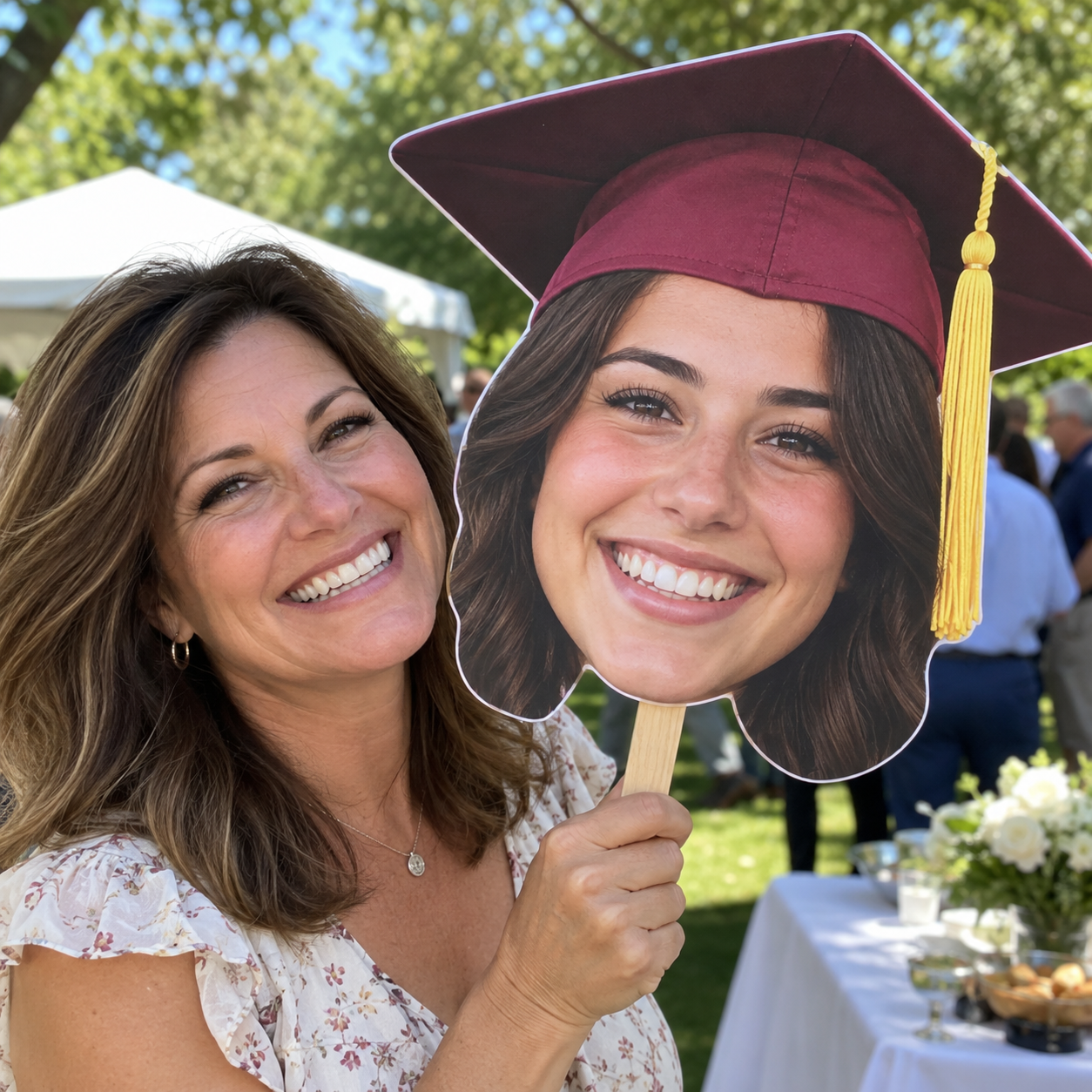 Grandma, parents, and a younger brother posing with three graduation big head cutouts at a backyard party.