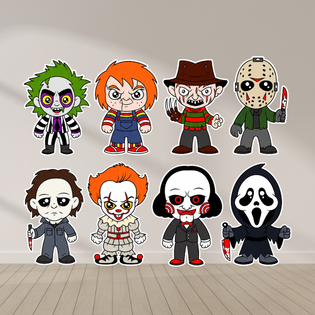 Eight cartoon-style Halloween horror character cutouts with white borders arranged in two rows, including masked figures, witches’-free horror villains, a clown, and a puppet.