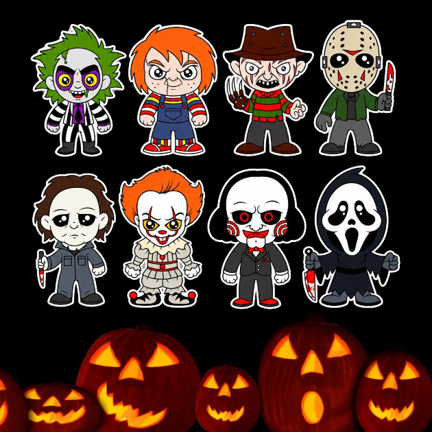Halloween Horror Character Cutouts — 8-Piece Spooky Crew Eight cartoon-style Halloween horror character cutouts with white borders arranged in two rows, including masked figures, witches’-free horror villains, a clown, and a puppet.