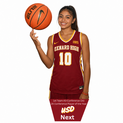 Custom Oxnard High basketball player standee in maroon and gold with personalized achievement text, made by The Event Printer in Oxnard.