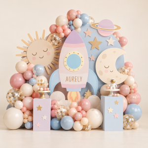Pastel space birthday backdrop with personalized Aurely rocket cutout, smiling sun and moon, stars, planets, balloons and display pedestals.