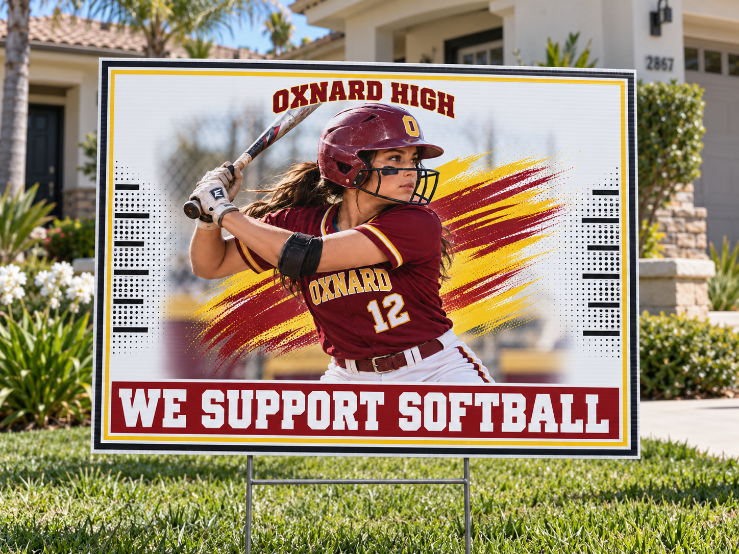 Custom softball yard sign 24x36 featuring Oxnard High softball displayed on a front lawn in Oxnard, California.