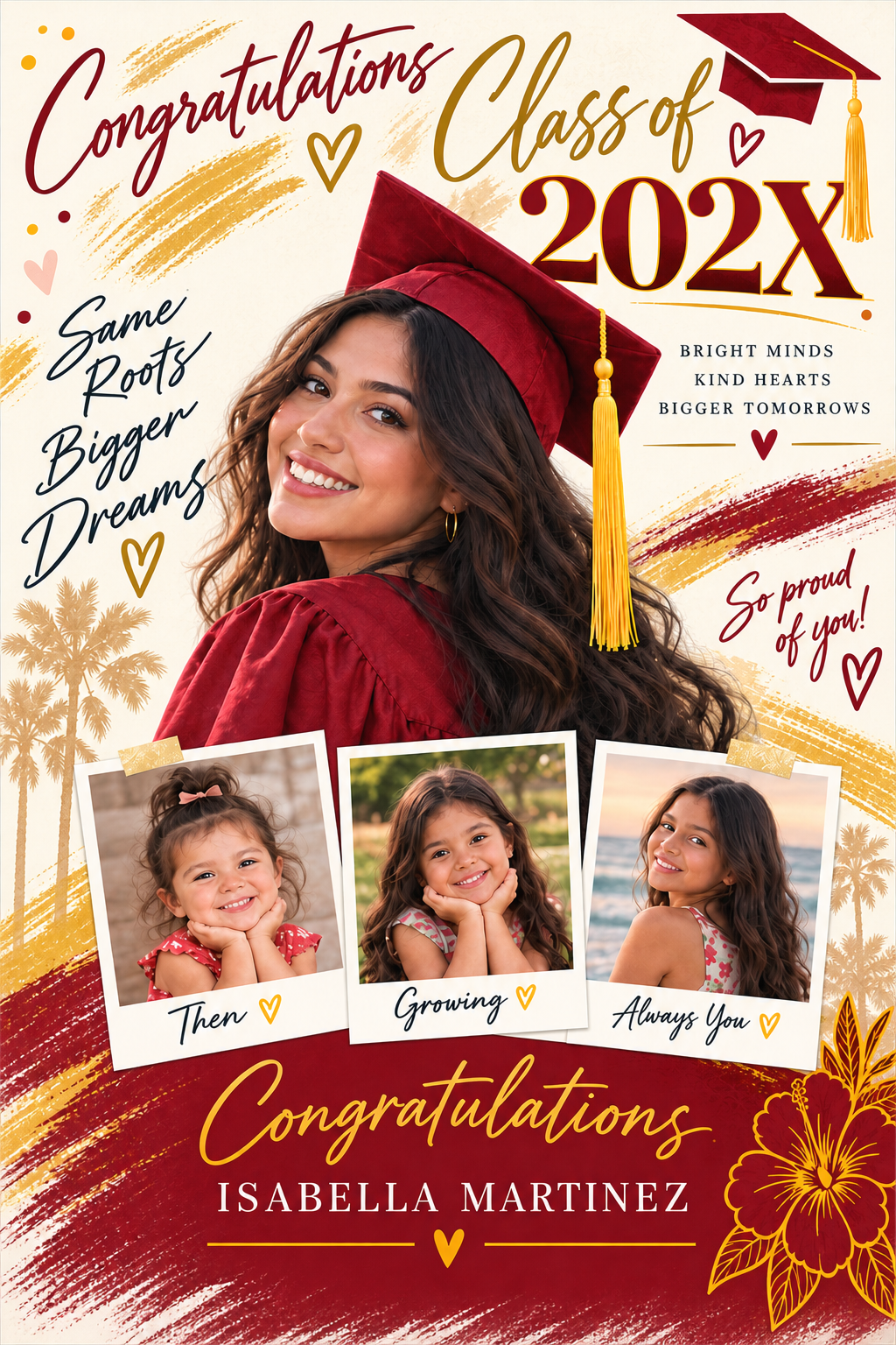 Personalized 24 by 36 graduation poster board with Isabella Martinez photo collage and Class of 202X, printed in Oxnard.