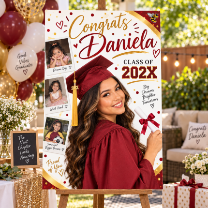 Personalized 24x36 graduation poster board displaying Daniela's portrait and childhood photos on a wooden easel