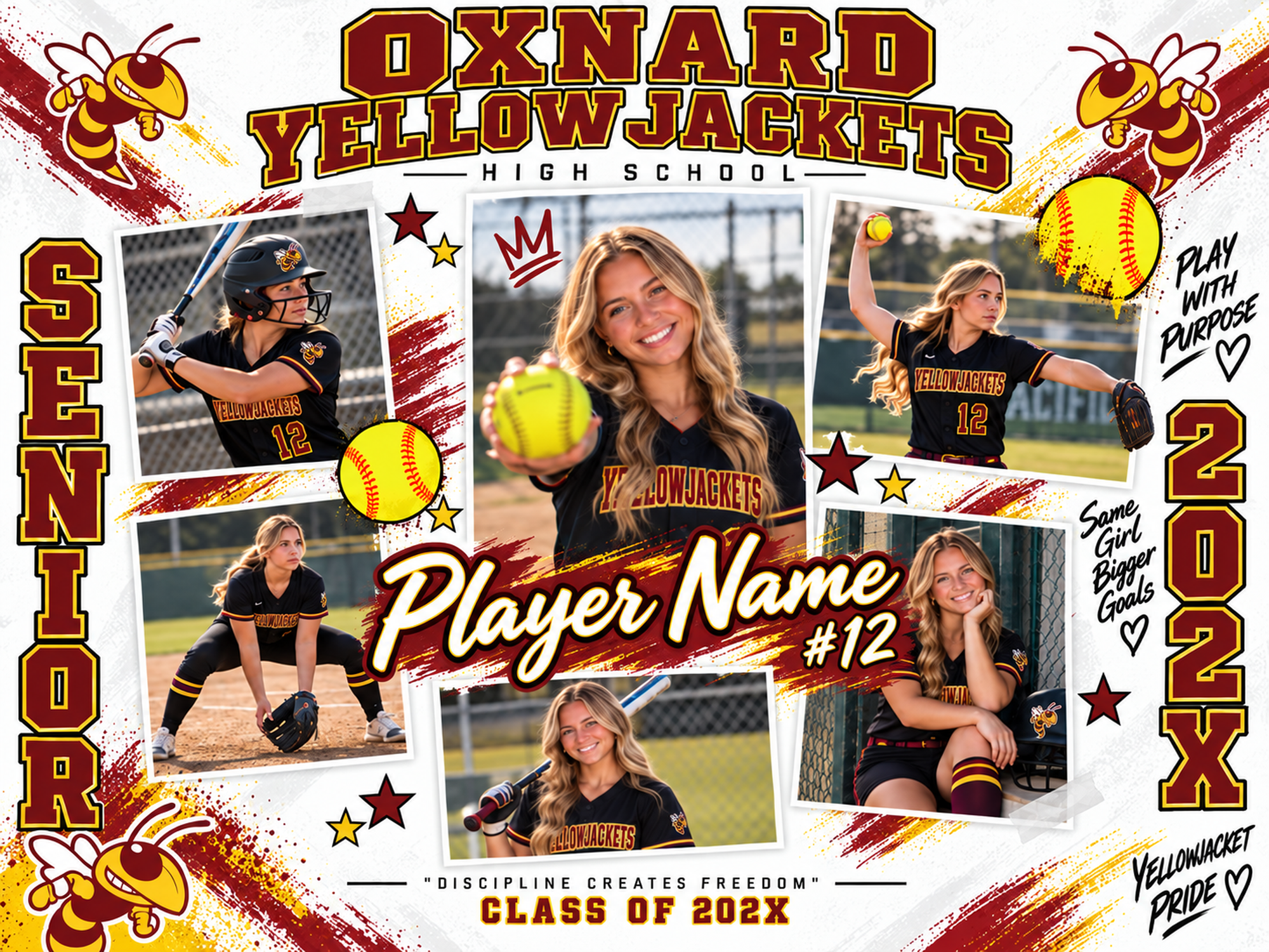 Oxnard High School senior softball collage poster featuring six athlete photos, maroon and gold Yellowjackets graphics, and Class of 202X design.