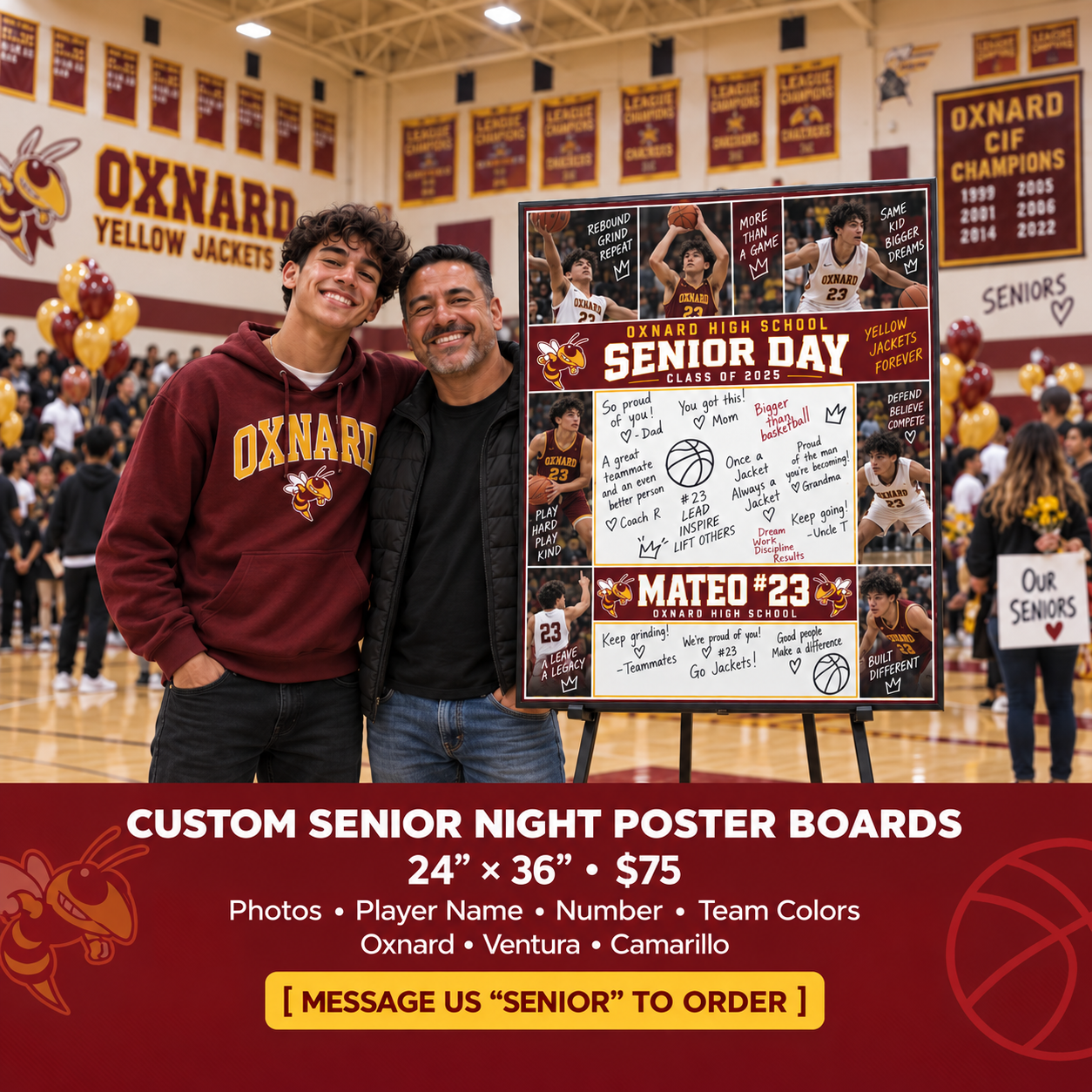 Custom Senior Night Poster Board – Oxnard High Basketball Custom Senior Night poster board for Oxnard High School basketball player with photos, name, number, team colors and handwritten messages